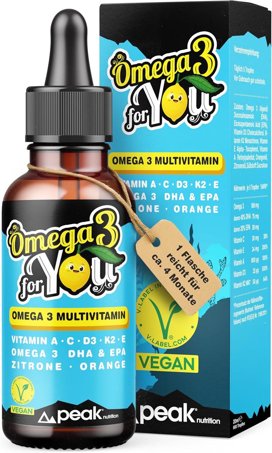 OMEGA 3 for YOU - Multivitamin Tropfen für Erwachsene mit Omega 3 DHA + EPA sowie Vitamin A, C, D3, K2 und E mit Zitrone-Orangengeschmack, vegan, 20ml (ca. 4-Monats-Vorrat)