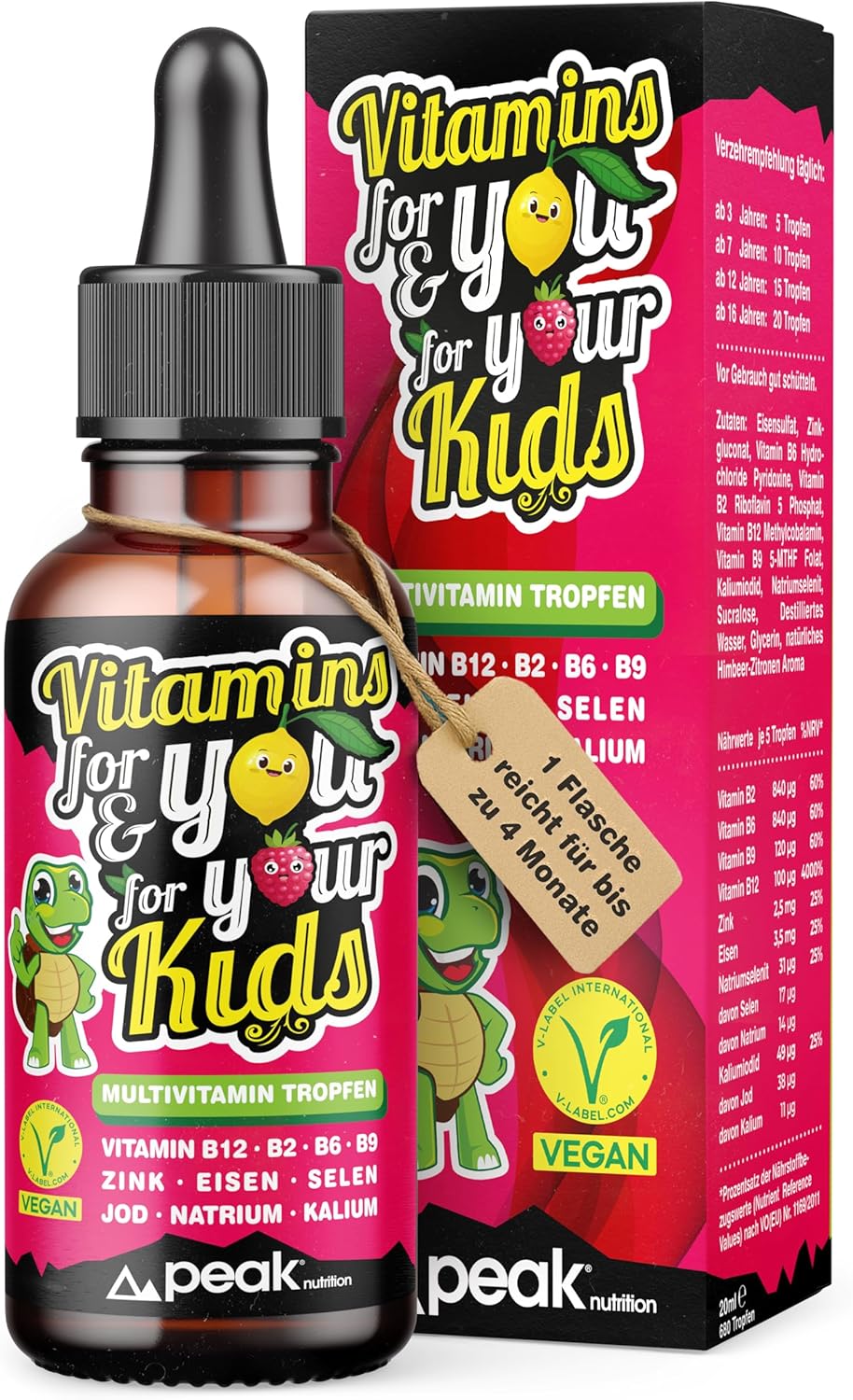 VITAMINS for YOU and your KIDS - Multivitamin Tropfen für Erwachsene und Kinder mit Vitamin B12, B2, B6, B9, Zink, Eisen, Seelen, Jod, Natrium und Kalium, vegan, 20ml (ca. 4-Monats-Vorrat) 