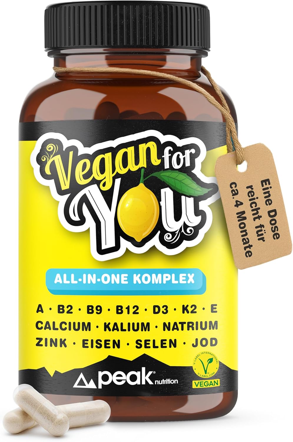 VEGAN for YOU - Multivitamin All-in-One Kapseln für Erwachsene mit Vitamin A, B2, B9, B12, D3, K2, E, Calcium, Kalium, Natrium, Zink, Eisen, Selen und Jod, 120 Kapseln (ca. 4-Monats-Vorrat) 