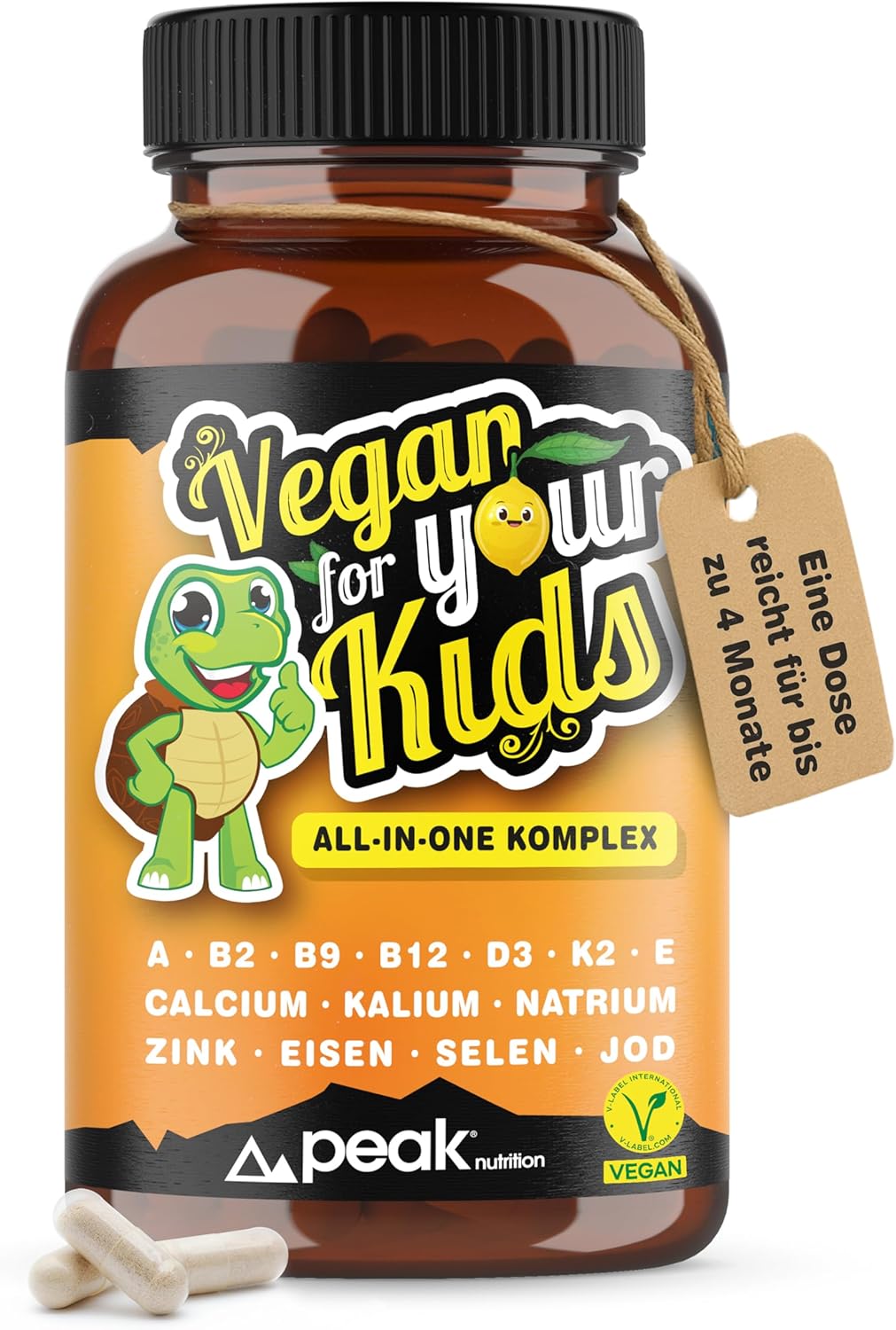 VEGAN for your KIDS - Multivitamin All-in-One Kapseln für Kinder mit Vitamin A, B2, B9, B12, D3, K2, E, Calcium, Kalium, Natrium, Zink, Eisen, Selen, Jod, 180 kleine Kapseln (ca. 4-Monats-Vorrat) 